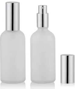 Frasco Vidrio x 100 ml  Satinado Bomba spray Plata brillo y capuchon
